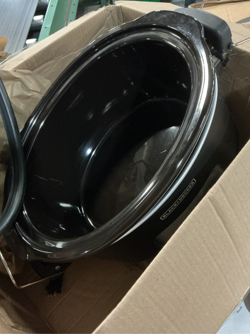 Condition photo showing As Is for black+decker 7-quart slow cooker, scd4007, chalkboard exterior, locking lid, 3 heat settings, removable stoneware crock standard slow cooker