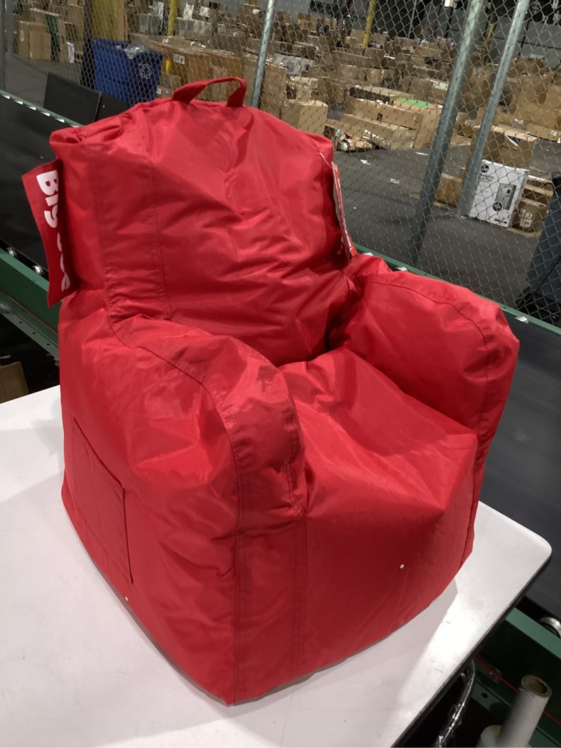 Condition photo showing New/Like New for big joe dorm bean bag chair with drink holder and pocket, two tone red smartmax, durable polyester nylon blend, 3 feet