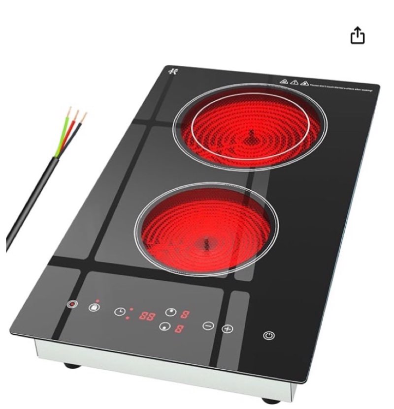 (Similar to stock photo) ThermoMate 2 Burners Electric Cooktop, 12 Inch Built in Electric Radiant Stove Top, 3200W Ceramic Glass Cooktop with Sensor Touch Control, 9 Heating Level, Chlid Lock & Timer, 220-240V Hard Wire