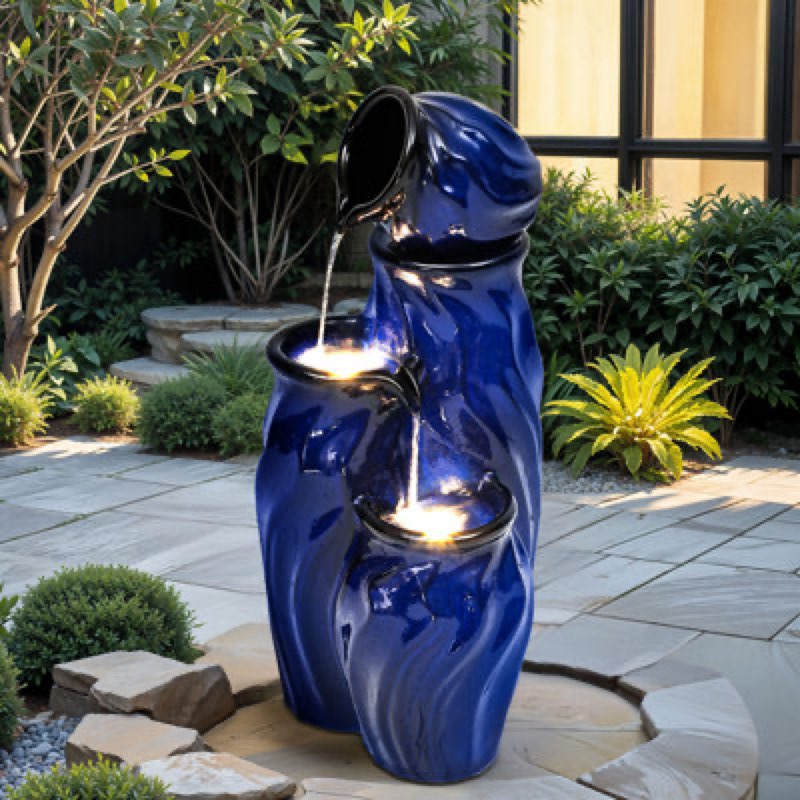 29" ceramic outdoor water fountain with led lights, cascading waterfall & dynamic wave textured multi-tier jars for relaxation