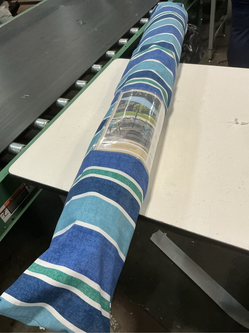 Condition photo showing As Is for allen + roth 9-ft aluminum blue auto-tilt market patio umbrella item #5997550 | model #usa38a278zt-ka