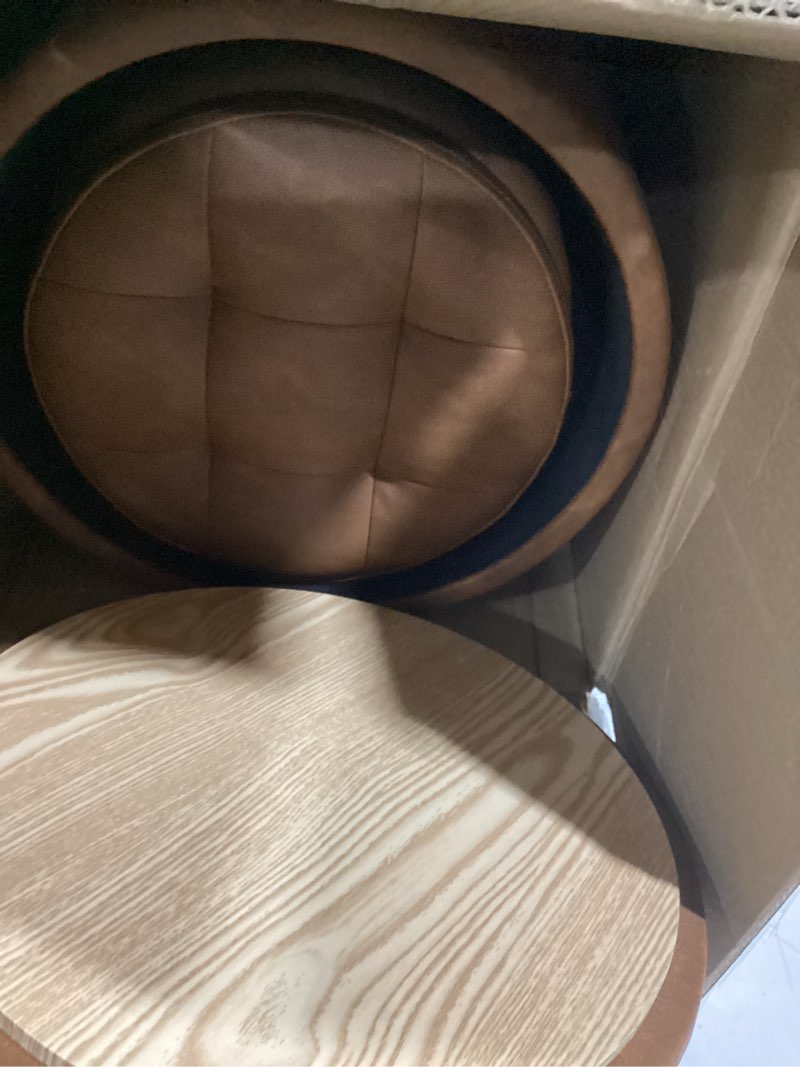 Condition photo showing Good Condition for Round Ottoman with Storage Set of 2, Faux Leather Button Tufted Storage Ottoman, 14.76"L x 14.76"W x 17.32"H, Boucle Vanity Stool Footrest Coffee Table for Living Room, Bedroom, Support 300 lbs, Brown 14.76"L x 14.76"W x 17.32"H Brown Orange