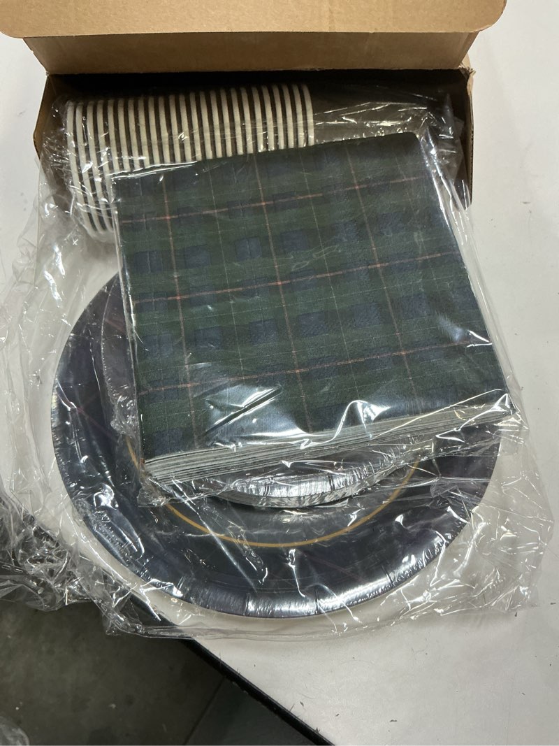 Condition photo showing Good Condition for 168 pcs green blue tartan plaids baby shower decorations we can bearly wait birthday tableware set navy and green plaid disposable paper plates cups utensils serves 24