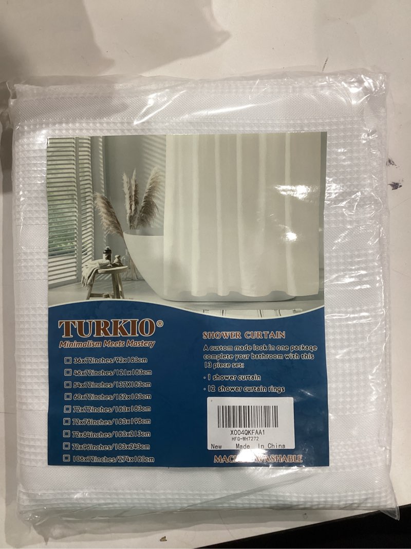 Condition photo showing New/Like New for TURKIO White Waffle Shower Curtain, Waffle Weave Striped Shower Curtain Hotel Luxury White Fabric Shower Curtains for Bathroom 72"W x 72"L (Pack of 1) White