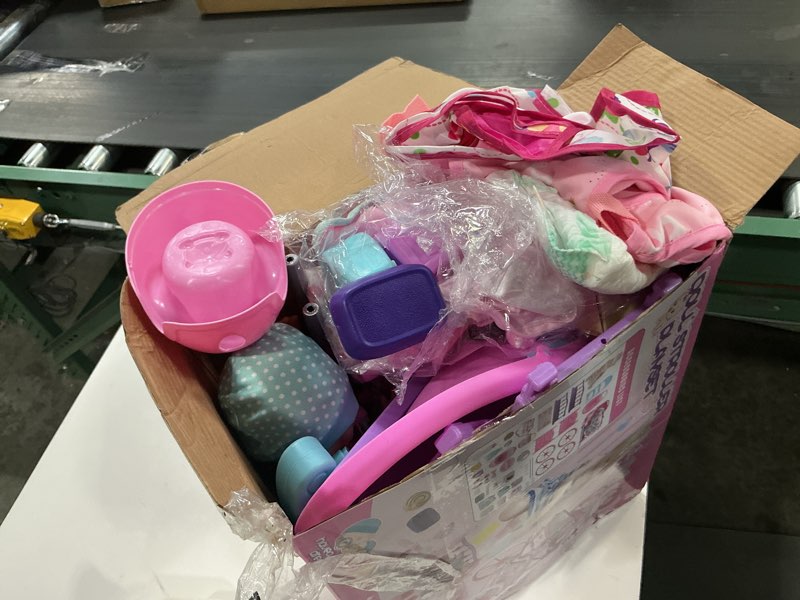 Condition photo showing Good Condition for baby doll stroller toys set w/ 13'' baby doll, doll's bed, dining chair, 26 pcs doll accessories & 2 set clothes, baby stroller toys for 3 4 5 year old girl birthday gift, pretend playset for toddler