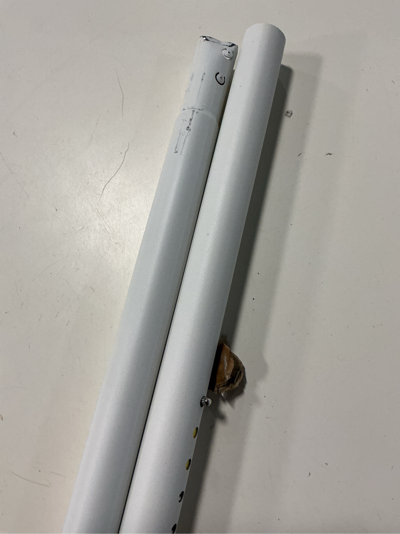 Condition photo showing As Is for allzone tension curtain rod for window, 83-123 inches, heavy duty curtain rods no drilling, non-slip bathroom shower tension rod, renter friendly, adjustable, spring loaded, extra long, white