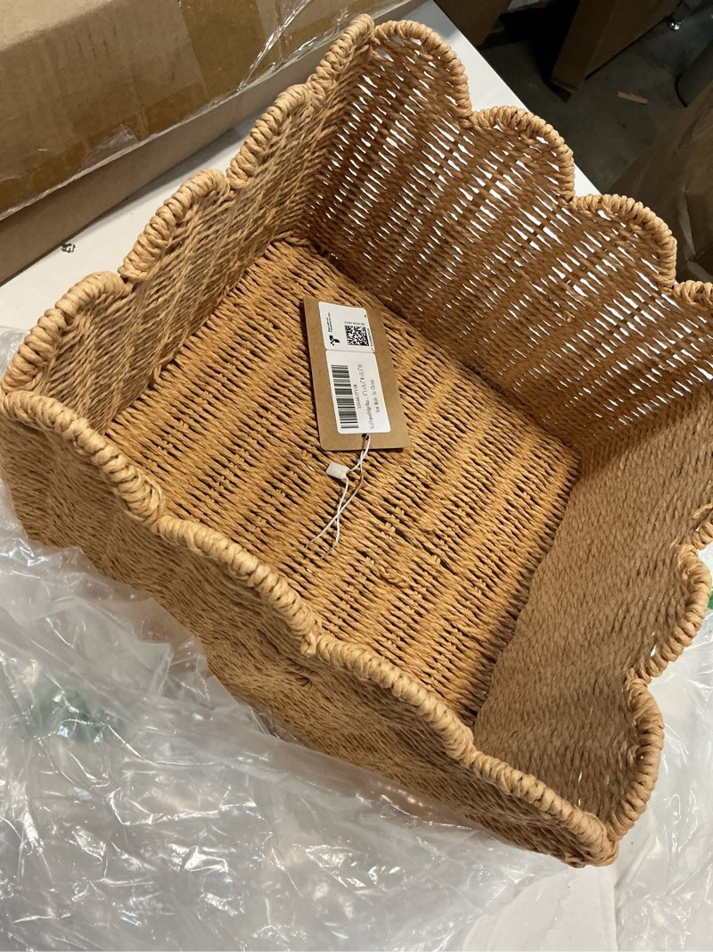 Condition photo showing Good Condition for scalloped edge basket, wicker storage baskets, hand woven baskets for shelves,natural baskets for organizing (s-9.5" l x 9.5" w x 5.5" h) paper rope(s-9.5" l x 9.5" w x 5.5" h)