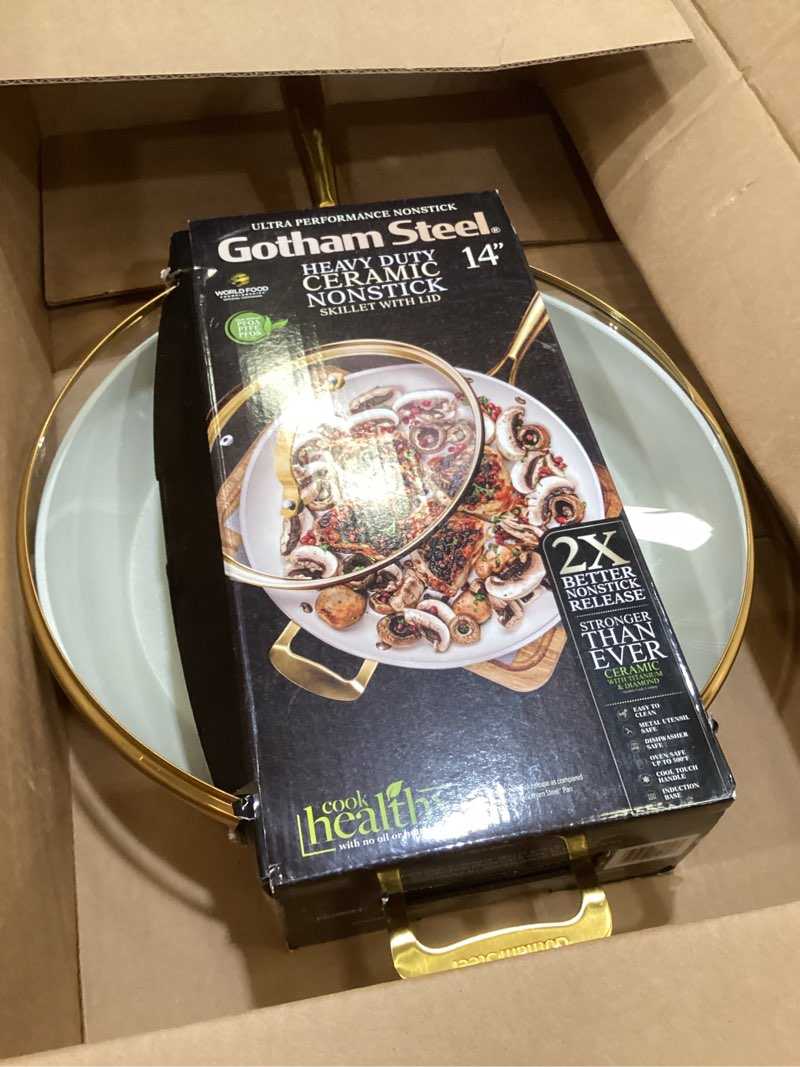 Condition photo showing Good Condition for GOTHAM STEEL 14 Inch Frying Pan, Extra Large Frying Pan Skillet for Family Cooking, Non Toxic Ceramic Nonstick Coating PFOA PFOS Free, Ergonomic Stay Cool Handle, Oven and Diswasher Safe