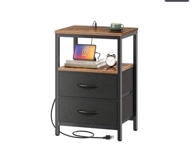 huuger night stand with charger station, 27.7 inch tall nightstand, bed side table with 2 fabric dra