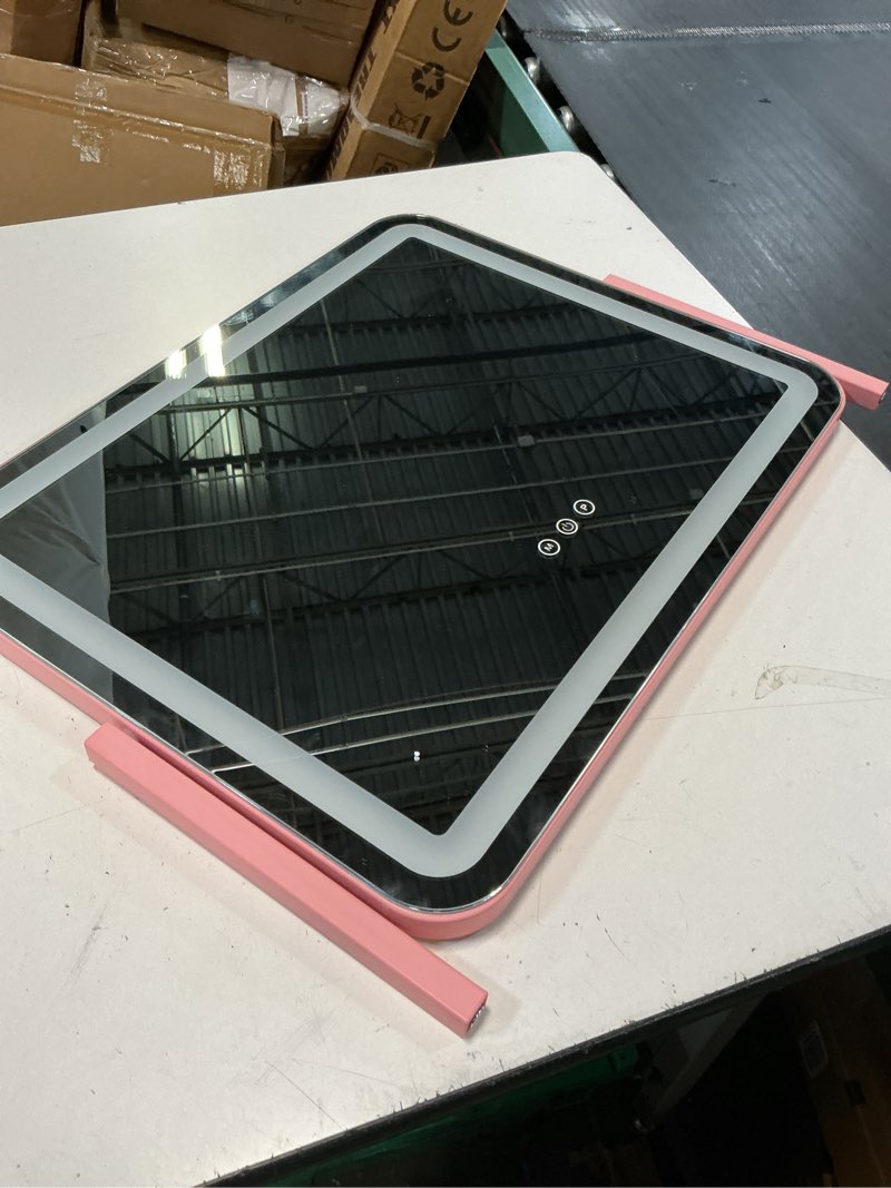 Condition photo showing As Is for rolove 22x16 inch pink vanity mirror with lights?dimmable led lights?3 color modes, smart touch control?10x magnification?light up makeup mirror for desk, gift for teen girls pink 23"l x 16"w