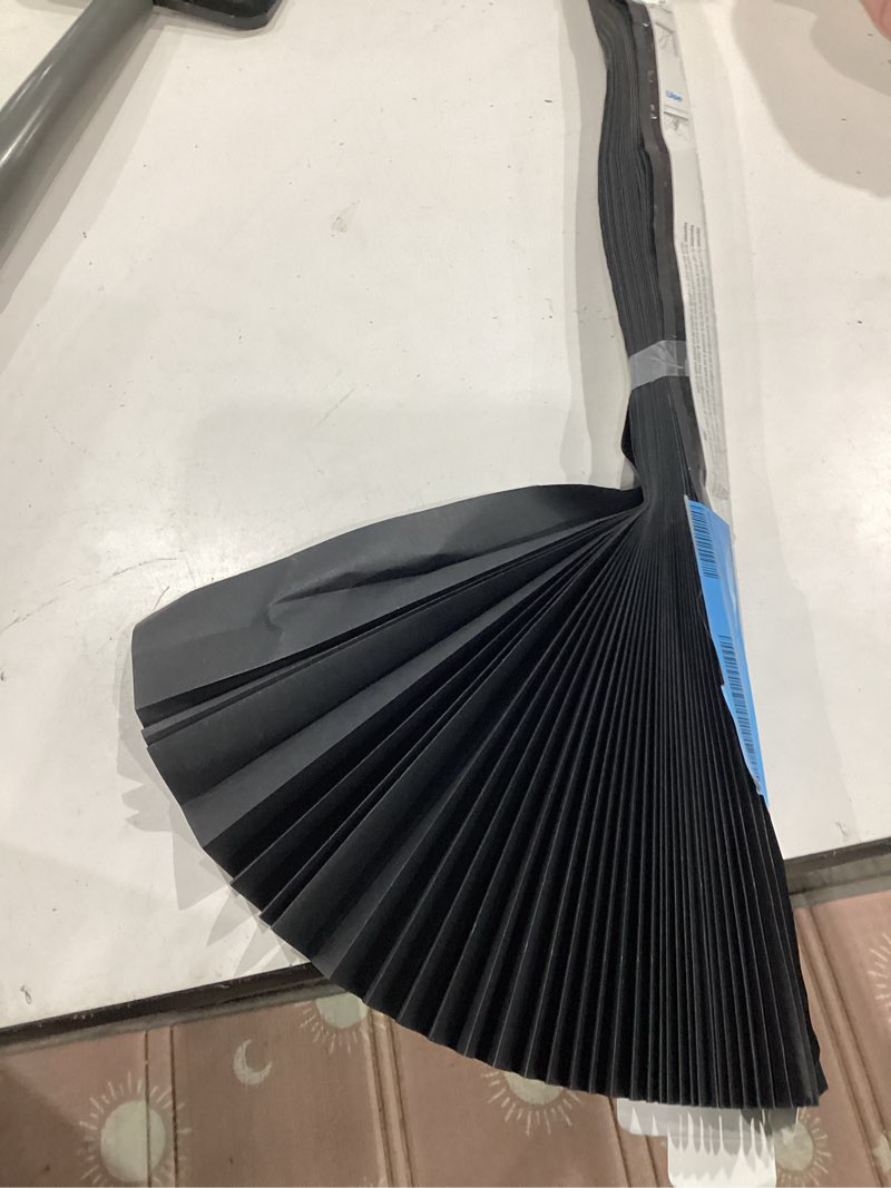 Condition photo showing As Is for no tools original blackout pleated paper shade black, 36 in. w x 72 in. l