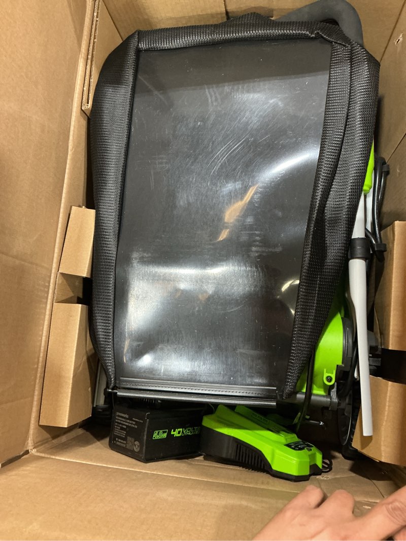 Condition photo showing As Is for greenworks 40v 16" (push) cordless lawn mower, 4.0ah battery (1/3 acre, push button start, compatible with 75+ tools) 16" (4.0ah)