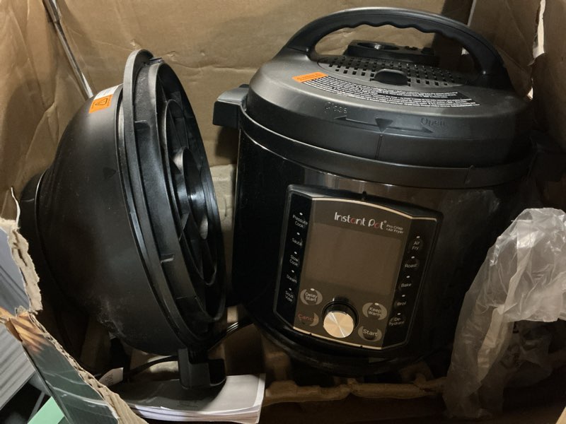 Condition photo showing As Is for instant pot pro crisp 11-in-1 air fryer and electric pressure cooker combo with multicooker lids that air fries, steams, slow cooks, sautés, dehydrates, & more, free app with over 800 recipes, 8 quart 8 quarts
