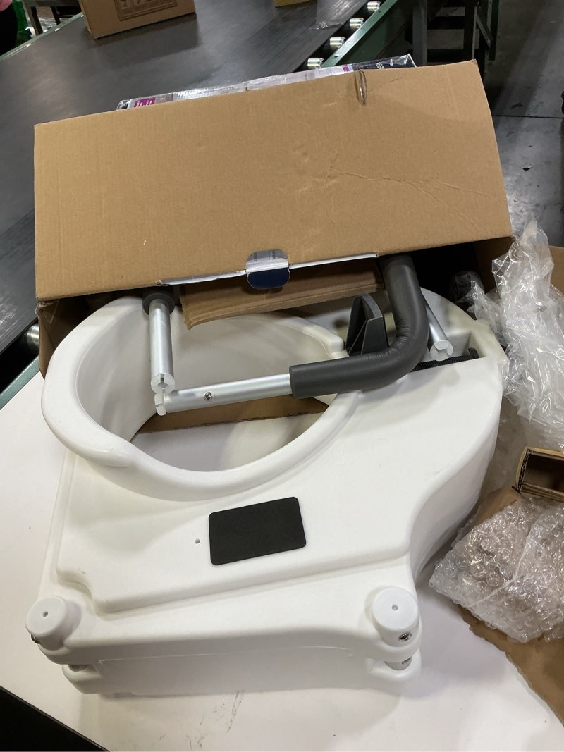 Condition photo showing As Is for Drive Medical 2-in-1 Raised Toilet Seat with Removable Padded Arms - Elevated Bathroom Safety Support - Secure Locking Attachment - Easy Height Assistance - Durable Plastic Construction Standard