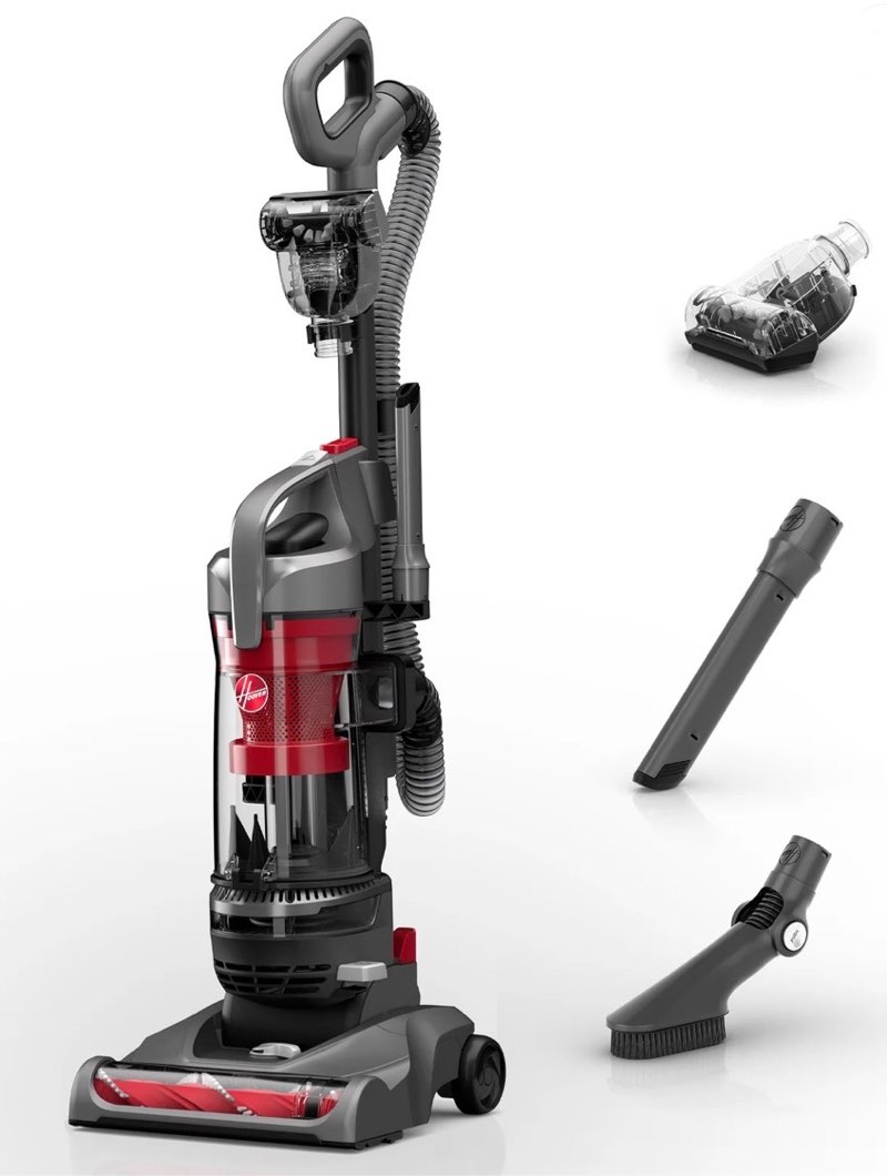 hoover rewind pet bagless upright vacuum cleaner, pet friendly, automatic cord rewind, multi-surface and above floor cleaning, uh77410v, gray & red