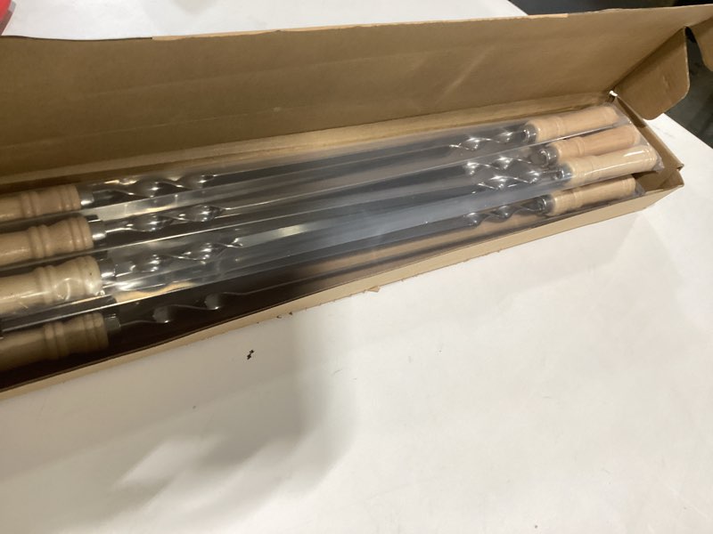Condition photo showing New/Like New for large size kabob skewers flat metal bbq 22" barbecue skewer wooden handle stainless steel shish kabob stick wide reusable grilling set meat shrimp chicken vegetable kebab fork sausage-12pcs 22 inch (wood handle)