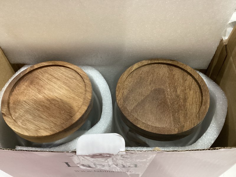 Condition photo showing Good Condition for labina glass storage container airtight food jars kitchen canister with wood lids, 33 oz wide mouth pantry organization glass jar for flour, sugar, cookie, spagetti, nuts and candy (2 pack) a4: 33 oz 2 pcs