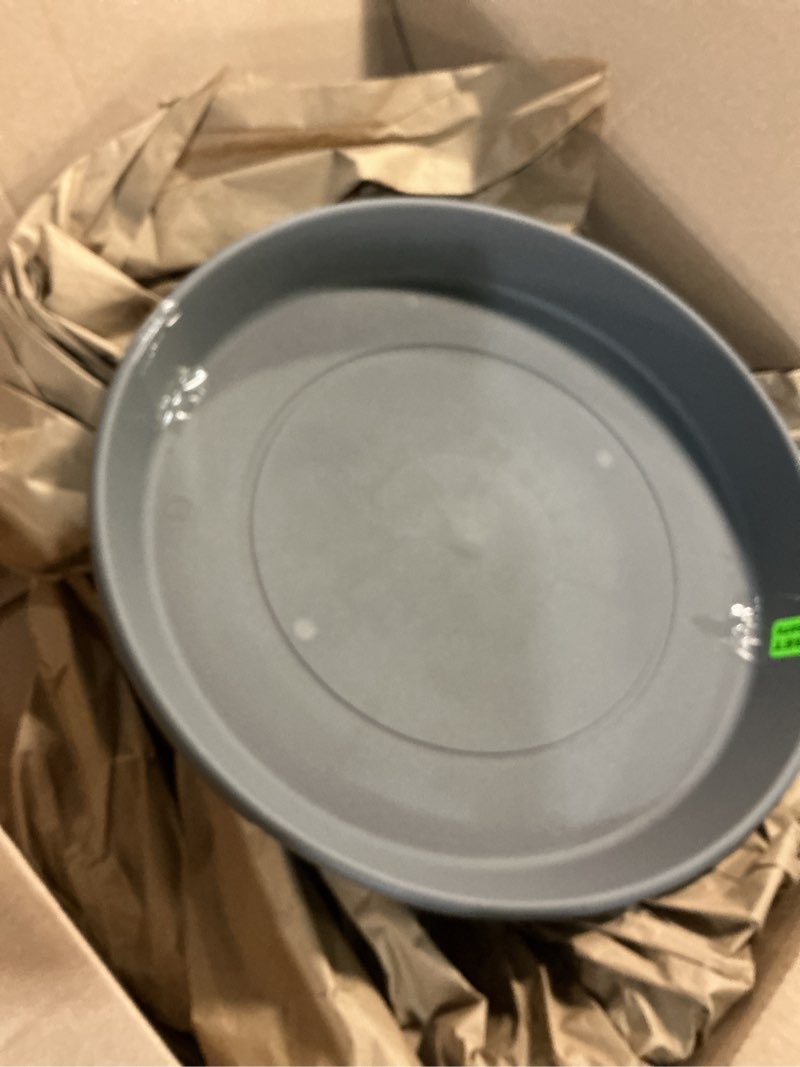 Condition photo showing As Is for the hc companies 17.5 inch prima round plant saucer, lightweight uv-resistant plastic outdoor & indoor flower pot tray, 2-pack plant pot trays for garden & home decor, warm gray warm gray 17.5" pack of 2