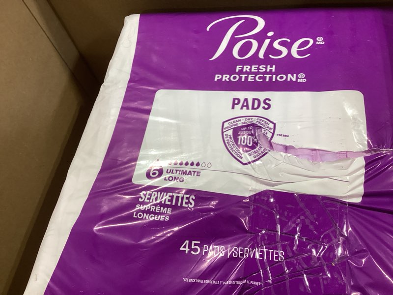 Condition photo showing As Is for Poise Incontinence & Postpartum Pads for Bladder Leaks, 6 Drop Ultimate Absorbency, Long Length, 90 Count, Packaging May Vary Long 90