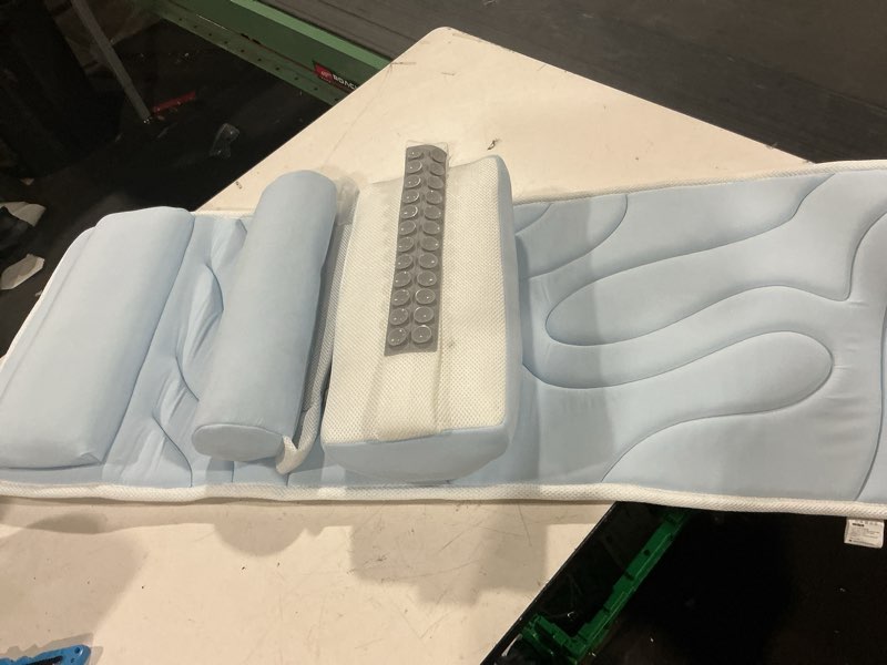 Condition photo showing As Is for sunlit ultra soft full body bath pillow for bathtub, luxury thick tub pillow for head neck back support with lumbar pillow multi-function stopper, spa pillow with strong suction cups, bath accessories pastel blue