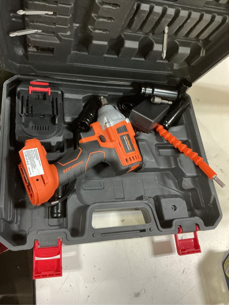 Condition photo showing As Is for cordless impact wrench, untimaty 1/2 inch brushless impact gun, max torque 350 ft-lbs?450n.m? impact wrench with 20v brushless motor, with 3.0ah li-ion battery & 7 sockets