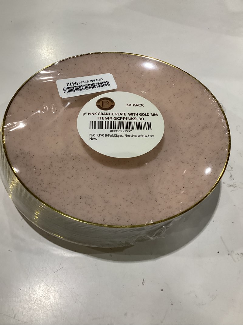 Condition photo showing New/Like New for plasticpro 30 pack disposable plastic plates heavyweight granite look elegant 9 inch dinner plates pink with gold rim 9'' inch plates granite pink