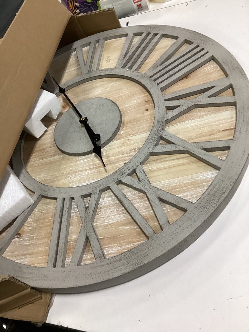 Condition photo showing Good Condition for Madison Park Mason Large Wall Clock for Living Room Décor, 23.6 Inch Round Metal Fir Wood Frame, Quartz Battery Operated, Farmhouse Cottage Country Home, Bed, Bath, Rustic Kitchen - Natural/Grey