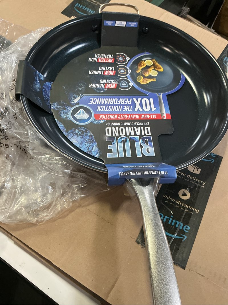 Condition photo showing Good Condition for blue diamond 14" nonstick frying pan, pfas free ceramic family pan, jumbo pan with helper handle, diamond infused nonstick skillet, dishwasher & oven safe, durable, non toxic, metal utensil safe, blue 14" frying pan skillet blue