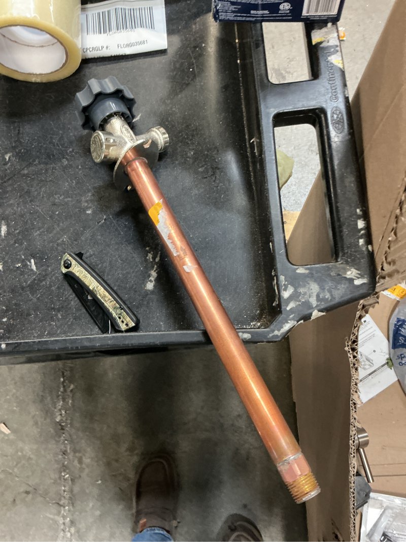 Condition photo showing As Is for 1/2 in. x 12 in. brass mpt x swt half-turn frost free anti-siphon outdoor sillcock valve