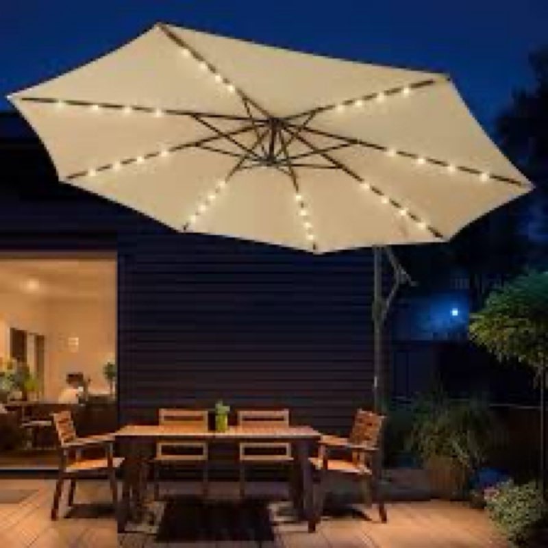 wikiwiki 10ft Solar LED Offset Hanging Market Cantilever Patio Umbrella for Backyard, Poolside, Lawn and Garden, Easy Tilt Adjustment, Polyester Shade & Cross Base, Biege