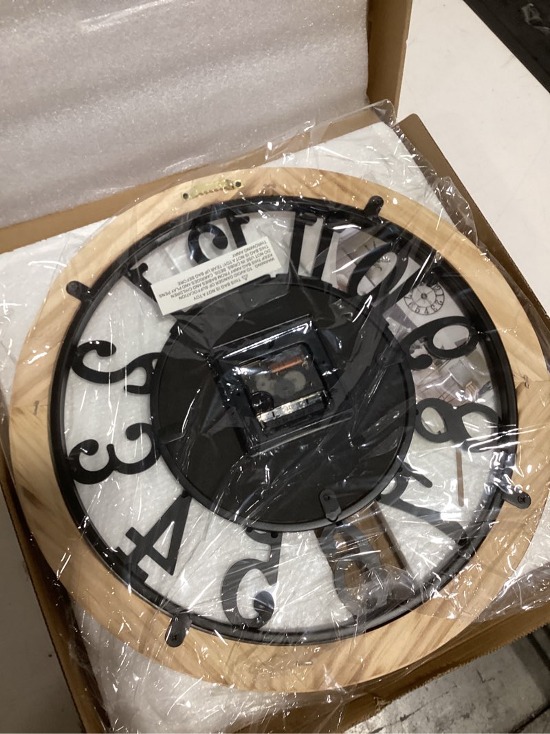 Condition photo showing Good Condition for LEIKE 16 Inch Large Wall Clock - Rustic Wooden Silent Non-Ticking Wall Clock with Black Metal Frame, Vintage Farmhouse Decorative for Living Room, Bedroom, Kitchen - Arabic Numerals, Modern Design 16 inch Arabic Numerals