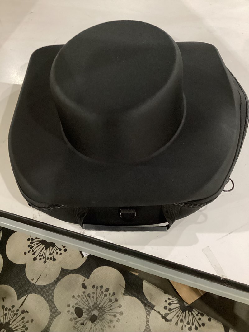 Condition photo showing As Is for hat travel case, universal fedora cowboy hat box hard shell storage organizer with elastic luggage strap, crush-proof protective carrier bag for large brim men women