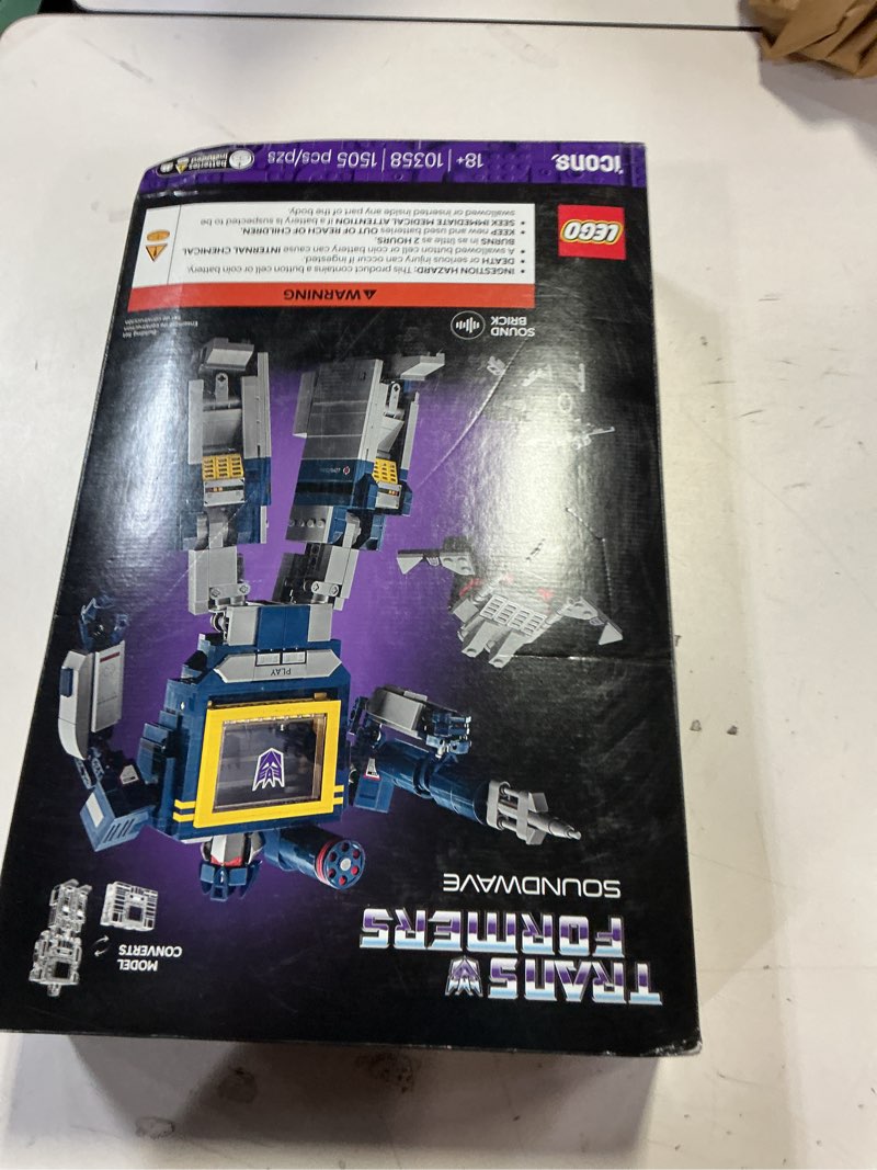 Condition photo showing New/Like New for LEGO Icons Transformers: Soundwave - Building Set W/Sound Effects for Adults, 18+ - Model Kit W/Ravage & Laserbeak Figures - DIY Home Decor - Collectible Gift Idea for Sci-FI & Movie Fans - 10358