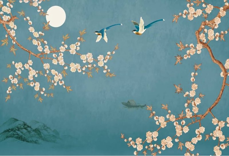 MFWFM Spring Flowers Bird Wallpaper Chinoiserie Tree Wall Mural Blue Background Wall Decals (Not Pee