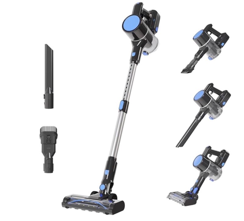 dumos cordless vacuum cleaner, lightweight stick vacuum cleaners for home, powerful suction & led lights rechargeable battery for carpets, pet hair, hardwood floors