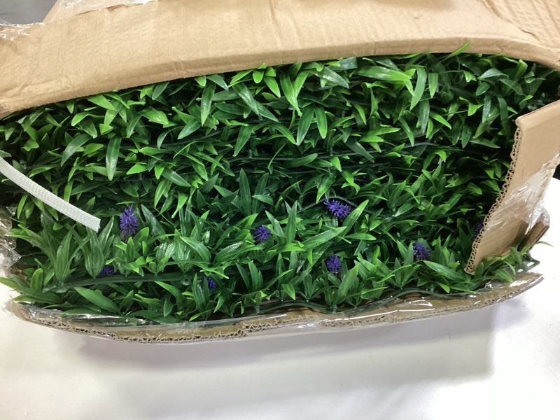 Condition photo showing Good Condition for Easnwllim 12PCS 20" X 20" Artificial Lavender Flowers Topiary Hedge Plant Grass Backdrop Wall Greenery Panels for Indoor Outdoor Privacy Fence Home Decor(Seedling Grass)