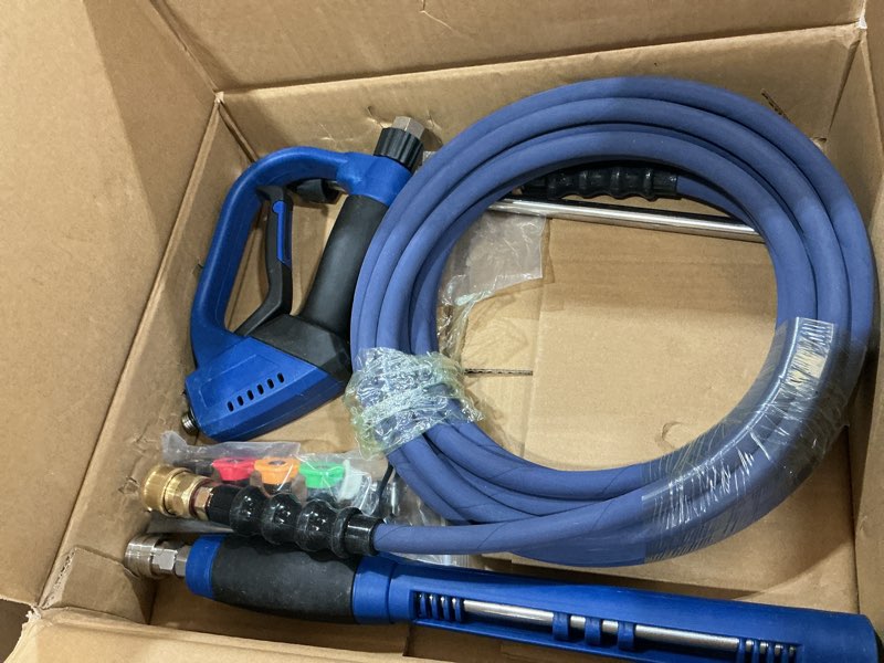 Condition photo showing Good Condition for pressure washer gun and hose kit, 4800psi flexible & kink-resistant - steel braided & durable high power washer hose 100 ft with 3/8" swivel quick connector and m22 14mm adapters & 5 nozzles 100ft black