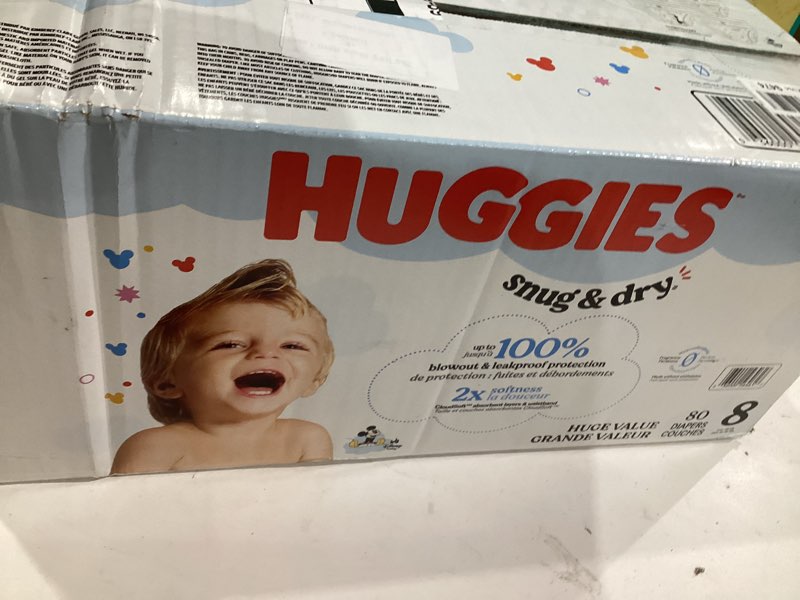 Condition photo showing New/Like New for huggies size 8 diapers, snug & dry baby diapers, size 8 (46+ lbs), 80 count, packaging may vary size 8 80