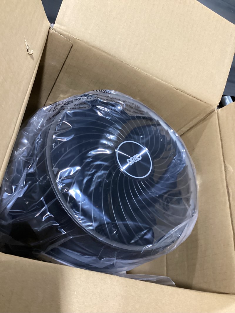 Condition photo showing New/Like New for dreo fan for bedroom, 12 inches, 70ft powerful airflow, 28db quiet table air circulator fans for whole room, 120° adjustable tilt, 3 speeds, desktop fan for home, office, kitchen black