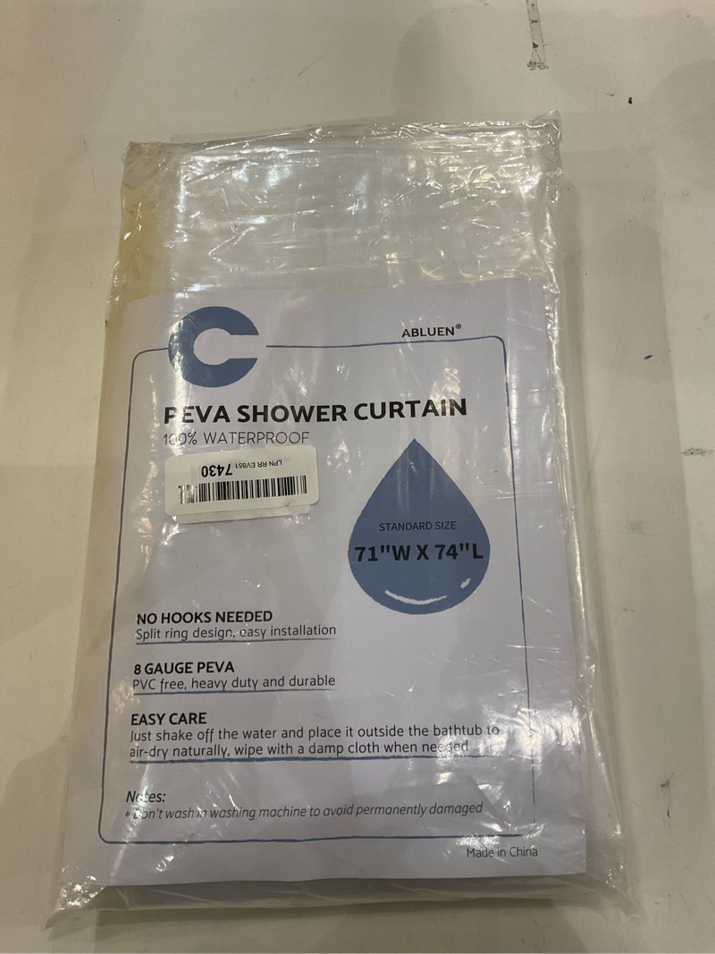 Condition photo showing New/Like New for No Hook PEVA Shower Curtain or Liner - 8G Heavy Duty Clear Bathroom Shower Curtain No Hooks Required, Waterproof Plastic & PVC Free, Standard Size 71 x 74, Clear