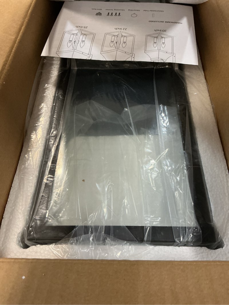Condition photo showing New/Like New for 20-inch dusk to dawn outdoor wall sconce, black 2-light lantern | dusk-to-dawn sensor with weather-resistant metal and glass panels for porch, garage, entryway, patio, and front door. dusk dawn sensor 20 inch 1