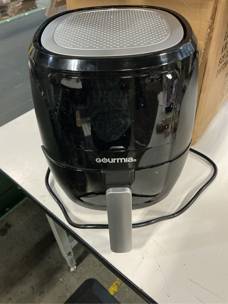 Condition photo showing As Is for Gourmia Air Fryer - 4 Qt Capacity, FryForce360º, Digital Display with 8 Presets, Roast, Bake, Broil, Dehydrate, Dishwasher Safe Accessories, Compact, Black 4 Quart Black
