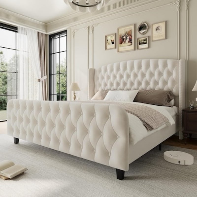 garvee king size bed frame with 51'' tall wingback headboard velvet upholstered