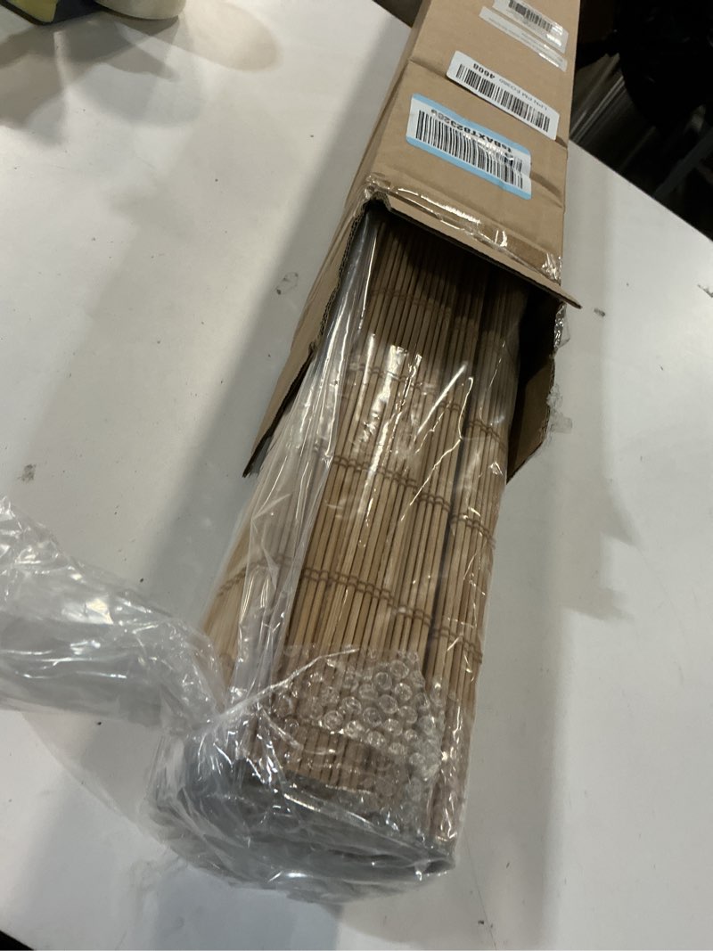 Condition photo showing Good Condition for LazBlinds Cordless Blackout Bamboo Roman Shades, Room Darkening Blinds for Interior Windows, Thermal Insulated Roll Up Bamboo Blinds for Home & Patio, 27" W x 64" H, Papara Carbon Blackout - Papara Carbon 27" W x 64" H
