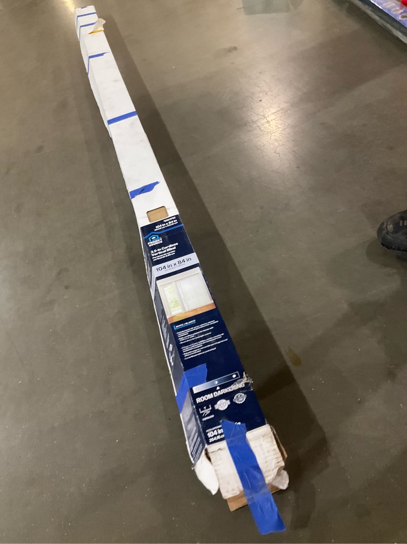 Condition photo showing As Is for project source 3.5-in slat width 104-in x 84-in cordless white vinyl room darkening vertical blinds