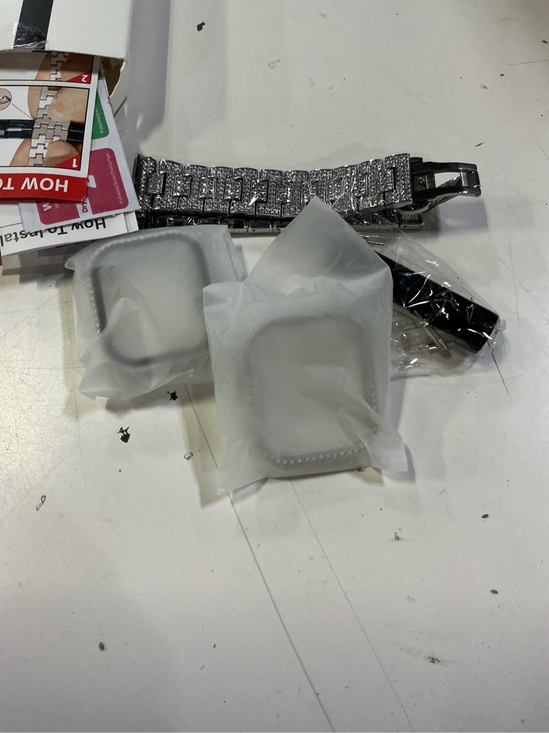 Condition photo showing Good Condition for mesime compatible for apple watch band with screen protector case, jewelry replacement bands 46mm 45mm 44mm 42mm 41mm 40 mm 38mm 2 pack protective cover for iwatch series 11/10/9/8/7/6/5/4/3/2/1/se women a-silver 42mm(series 11/10)
