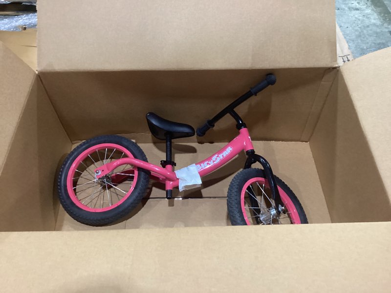 Condition photo showing As Is for pink not blue 14 inch toddler balance bike for 3-6 year old, real rubber air tires, no pedal kids bike with adjustable seat & handlebar, footrest, gift bike for 3-5 boys girls, pink