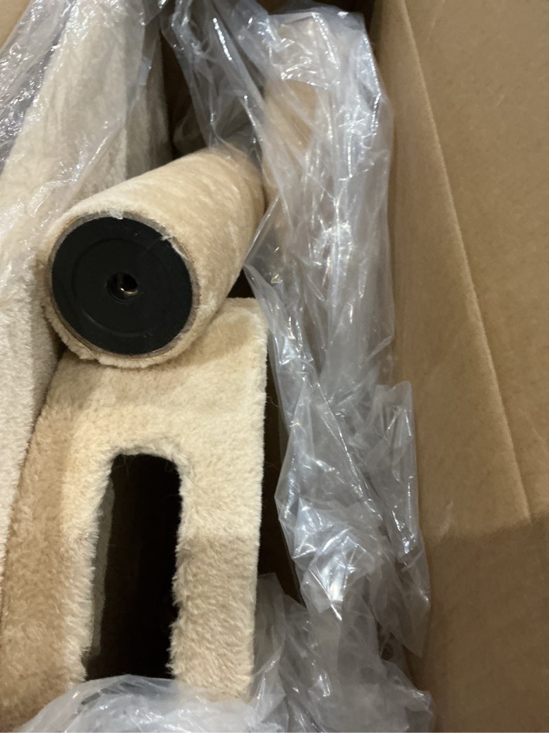 Condition photo showing Good Condition for cat tree - 3-tier tall cat tower condo with 2 napping perches, sisal rope scratching post, hanging mouse and interactive wheel toy by petmaker (beige), 27.5"