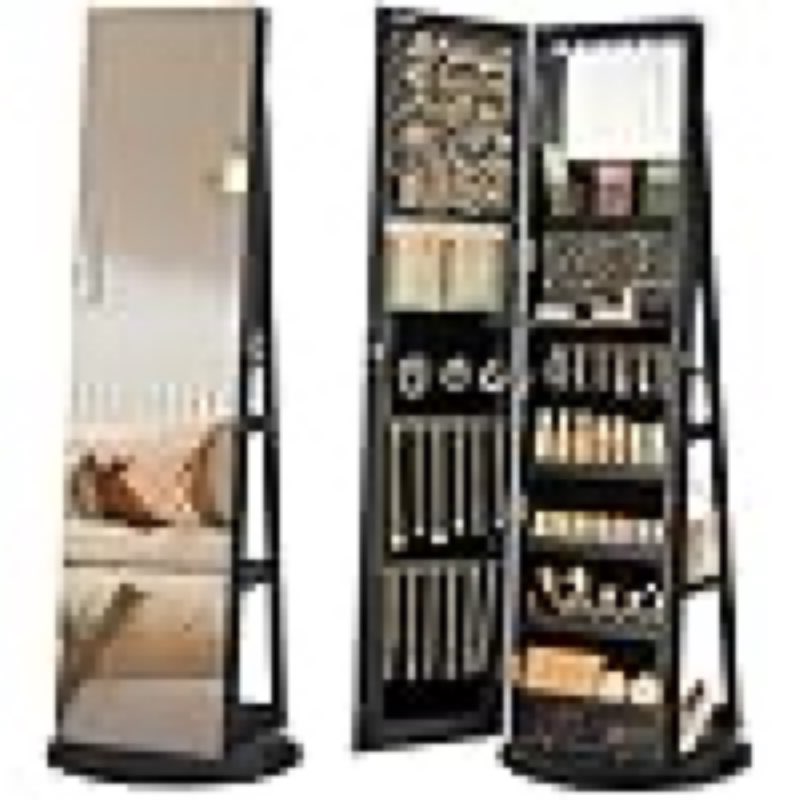 songmics 6 leds lockable mirror jewelry cabinet, 360° swivel jewelry organizer armoire standing, frameless full-length mirror, 3 storage shelves, black surface, black lining ujjc007b01