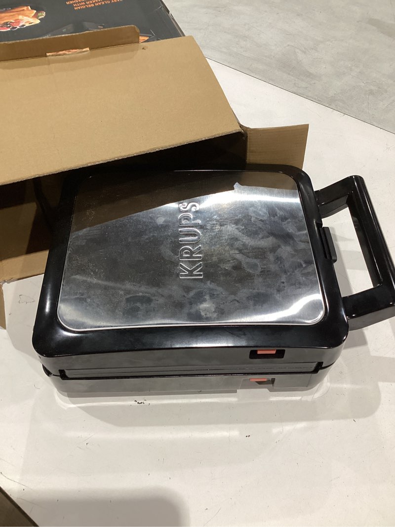 Condition photo showing Good Condition for krups 4-slice belgian waffle maker: stainless steel, 5 browning levels, audible ready beep, removable plates, 1200w, silver/black - perfect for family breakfasts